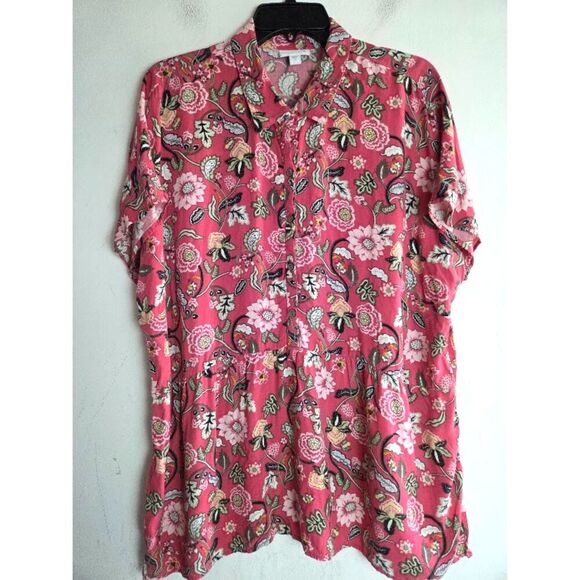J.Jill Pink w/Multicolor Floral Print Pop-Over Baby Doll Collard Blouse size XL - Picture 1 of 6